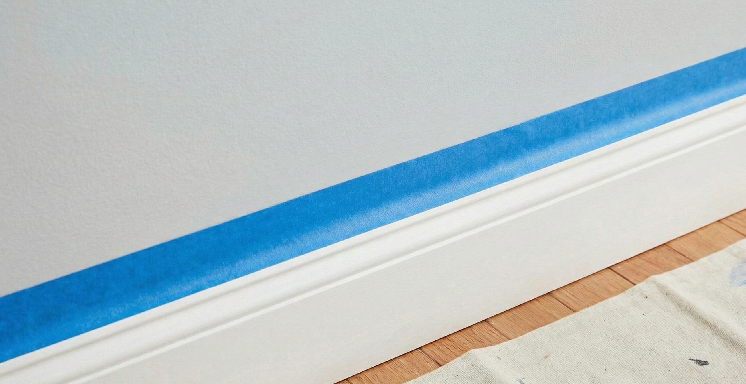 Blue painter's tape applied along white baseboard trim with a canvas drop cloth protecting hardwood floors — proper prep before painting a room