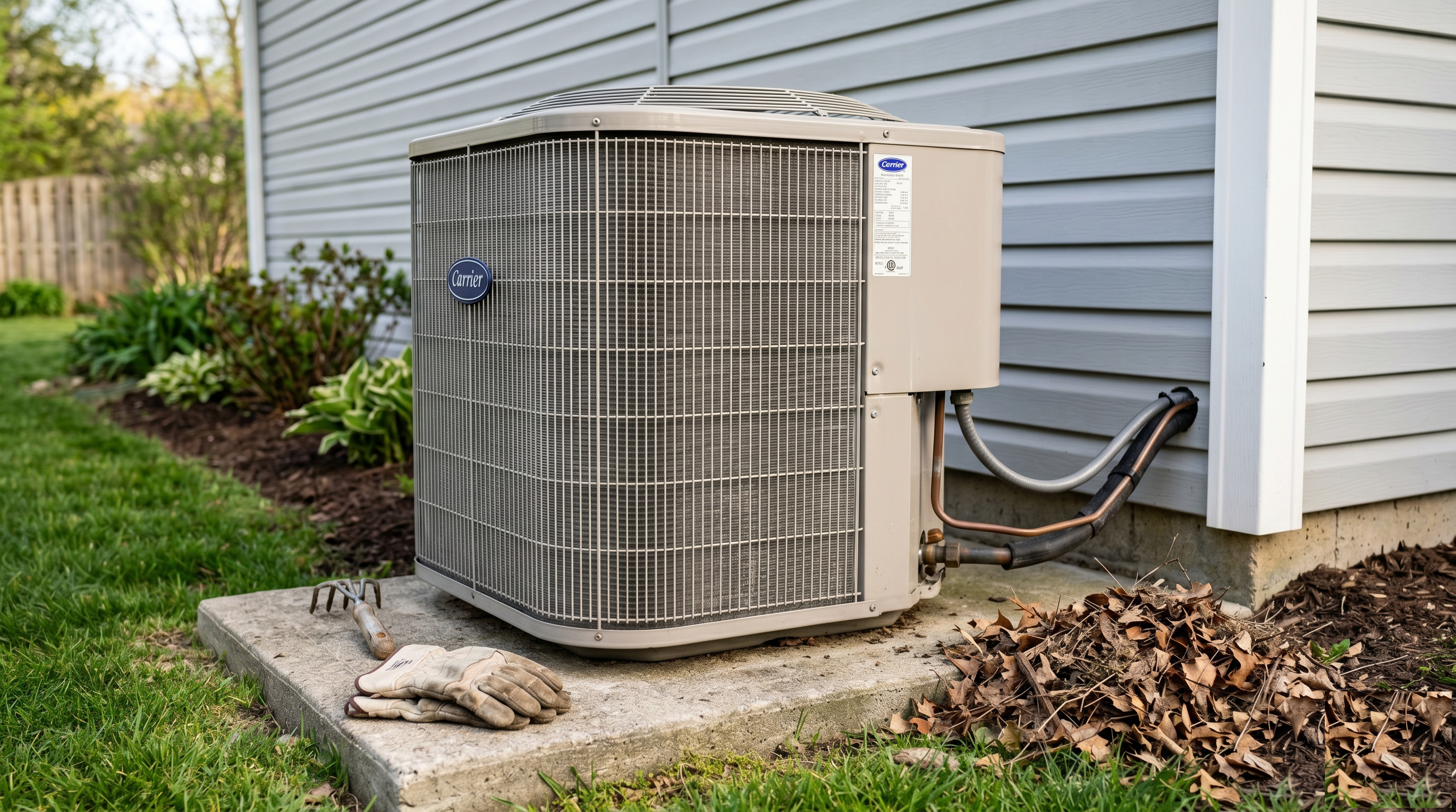 Outdoor central AC condenser unit with leaves, grass clippings, and debris cleared from around its base, fins clearly visible