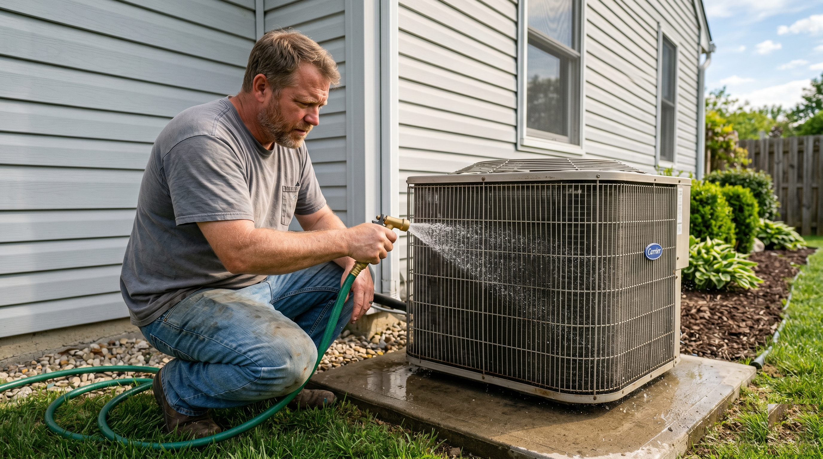 Homeowner rinsing the fins of an outdoor AC condenser unit with a garden hose on a sunny spring afternoon
