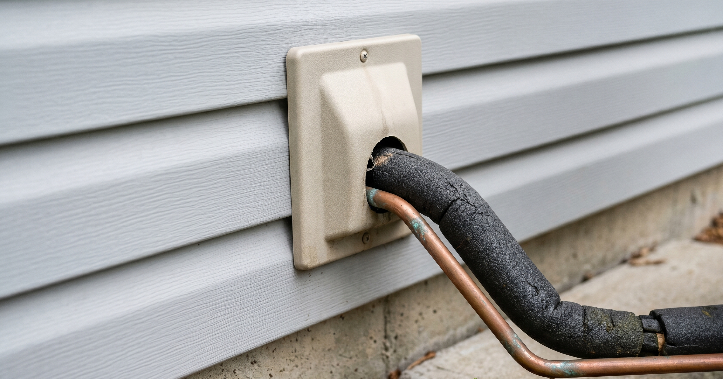 Two copper refrigerant lines exiting an exterior wall, the larger line wrapped in black foam insulation while the smaller line is bare copper