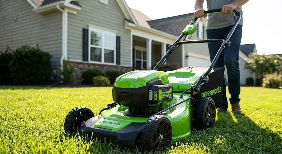 Green battery-powered Greenworks lawn mower on a manicured lawn in front of a house