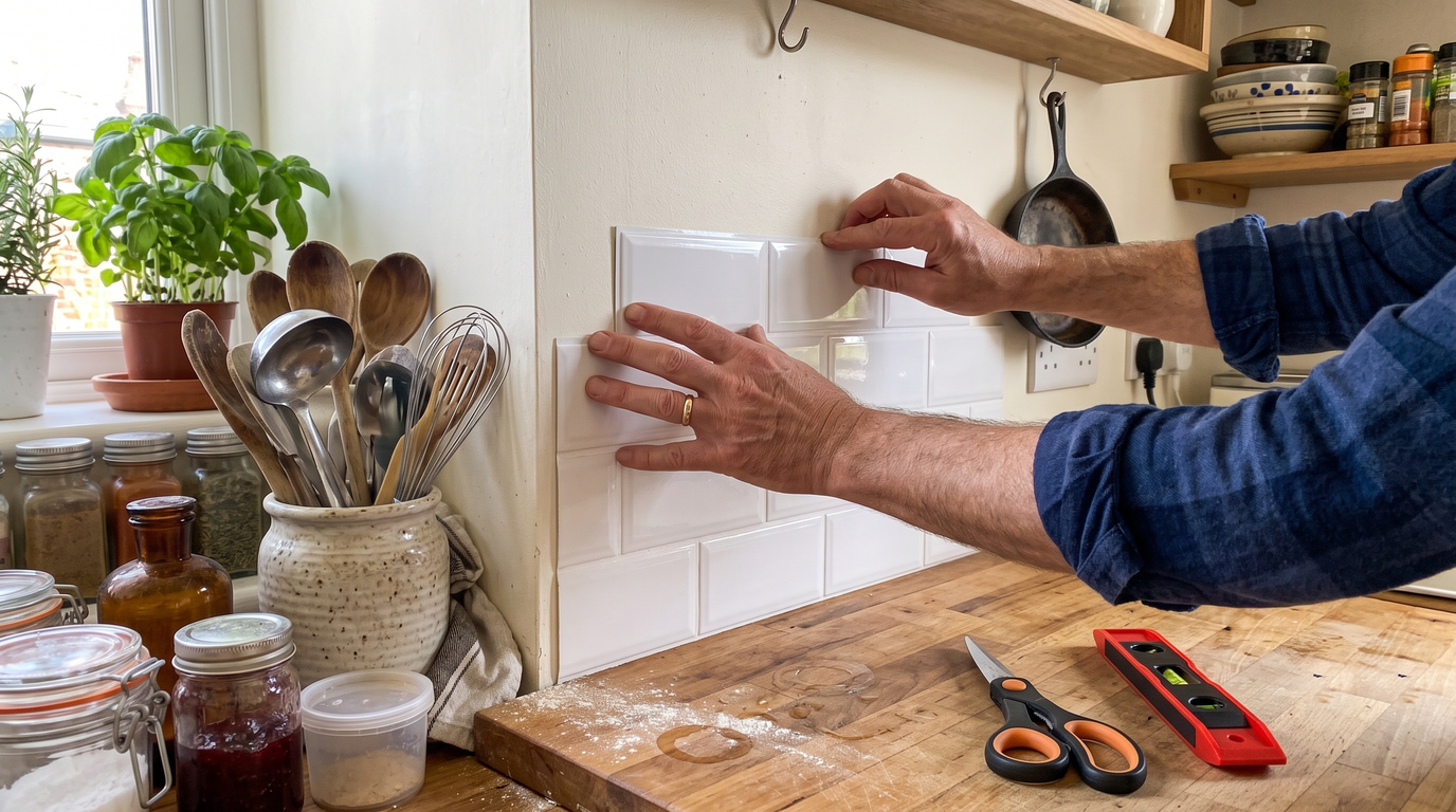 Hands smoothing a peel-and-stick subway tile panel onto the kitchen wall above a counter