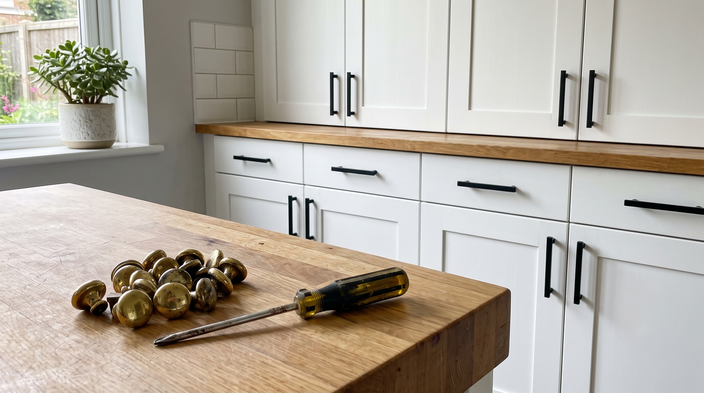 White shaker kitchen cabinets with newly installed matte black bar pulls, with a pile of old brass knobs and a screwdriver on the butcher-block counter