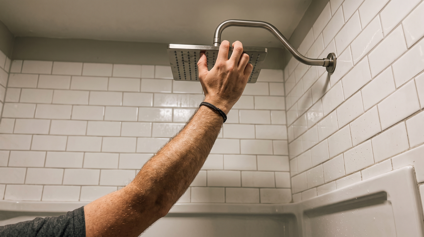 Hands threading a new brushed-nickel rainfall shower head onto the shower arm in a tiled shower
