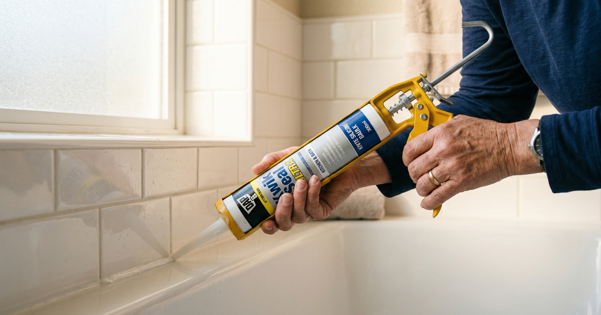 Hands running a caulk gun along a clean bathtub seam producing a smooth bead