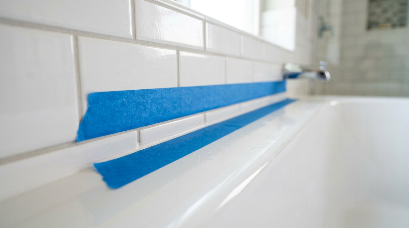 Painter's tape applied in parallel lines on either side of a bathtub seam creating a clean caulk channel