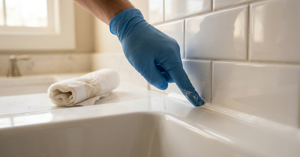 Finger with a thin glove smoothing a bead of white caulk along a bathtub seam creating a concave professional finish