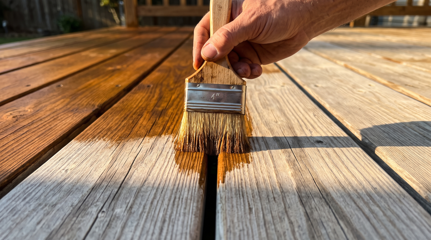 A hand working stain into the gap between two deck boards with a wide brush, the freshly stained boards visibly darker than the bare wood ahead