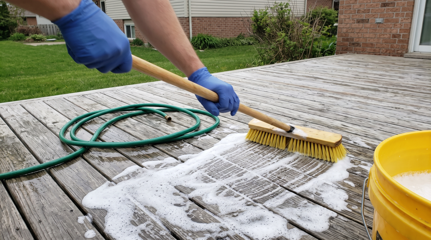 Hands scrubbing a gray weathered deck with a stiff bristle brush on a pole, soapy deck cleaner foaming on the boards