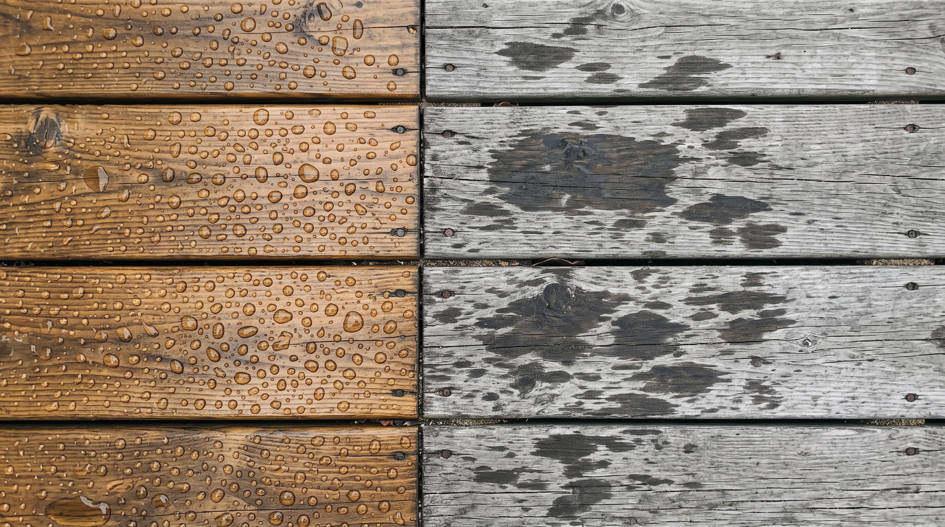 Close-up of water sprinkled on a weathered deck board soaking straight in instead of beading, next to a section of sealed wood where droplets still bead