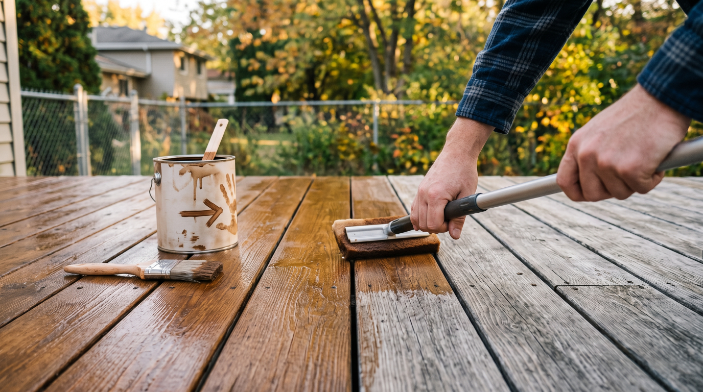 Hands applying semi-transparent stain to deck boards with a pad applicator, backyard trees in the background