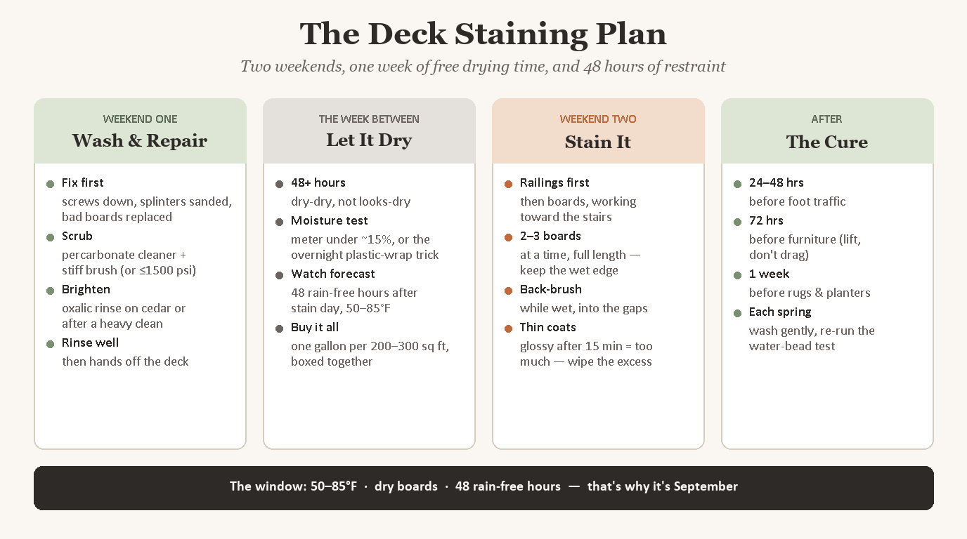 Reference card showing the deck staining schedule — wash and repair the first weekend, let it dry through the week, stain the second weekend, then cure for 48 hours before moving furniture back