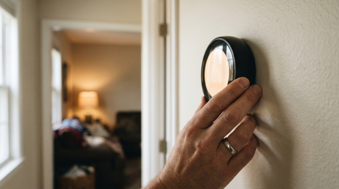A hand reaching up to adjust a modern round wall-mounted thermostat in a warmly lit home hallway, the screen showing a simple temperature reading