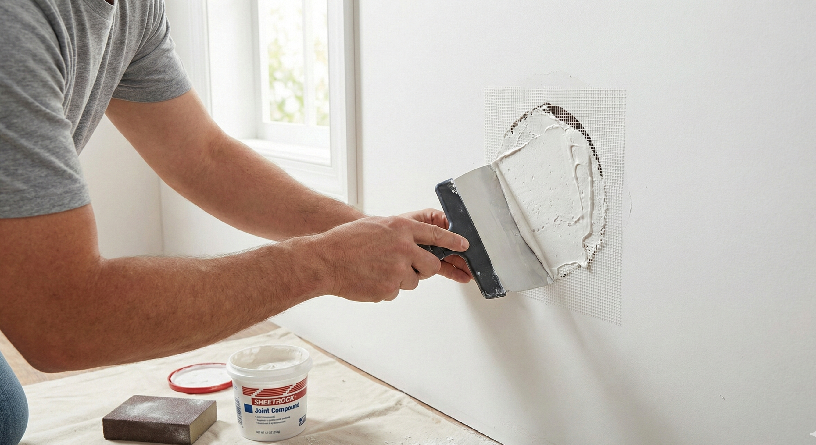 Homeowner applying joint compound over a mesh drywall patch with a putty knife on a white wall