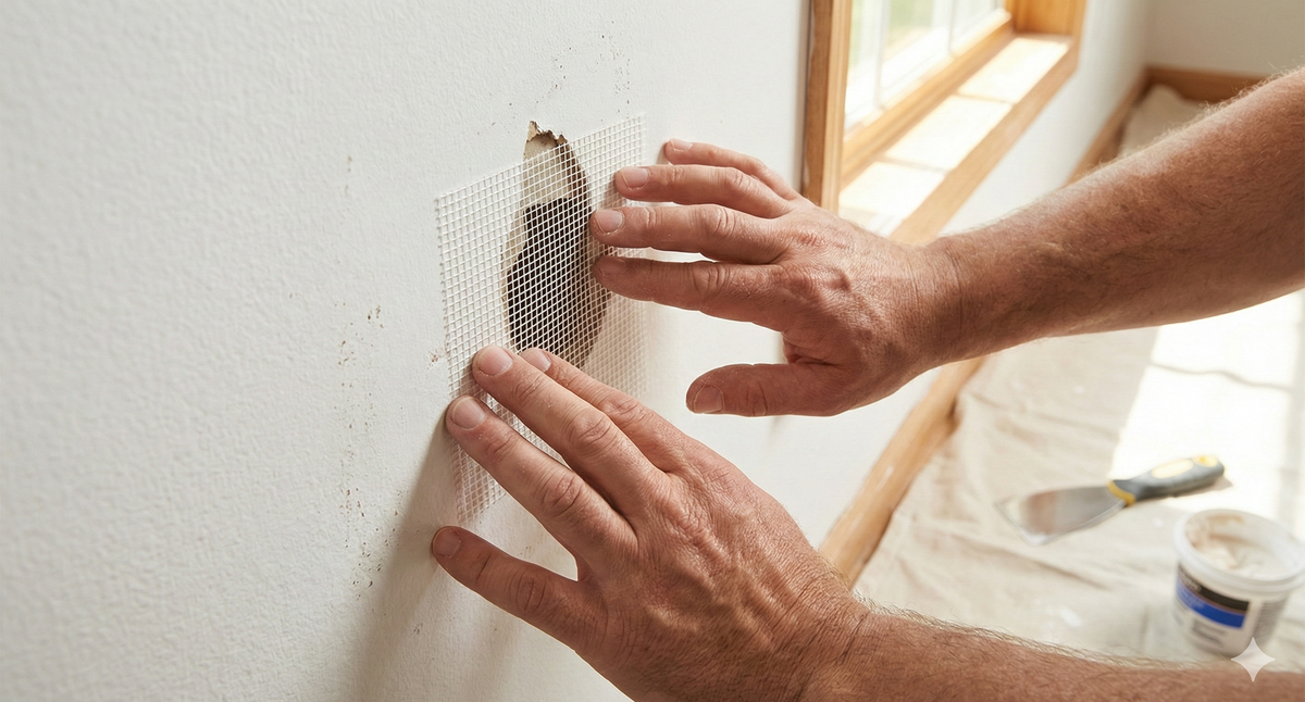 Two hands pressing a self-adhesive fiberglass mesh patch over a medium-sized hole in drywall