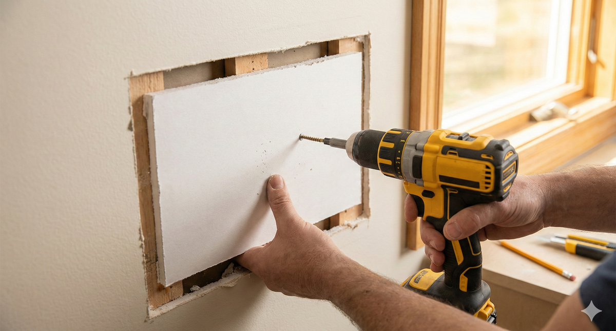 A homeowner using a cordless drill to screw a new drywall patch into a wall opening