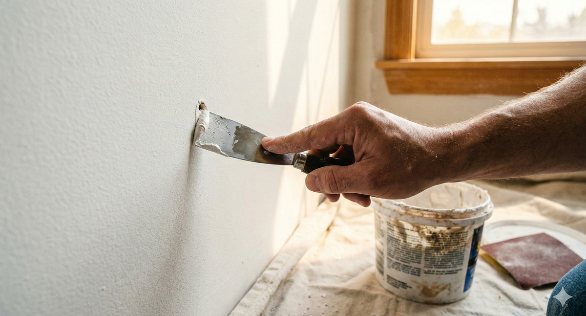 A hand using a small putty knife to apply white spackle compound over a nail hole in drywall