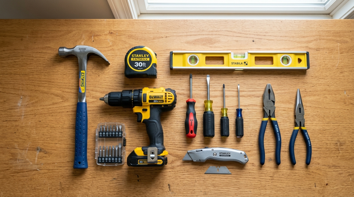 Overhead view of a well-organized tool collection on a wooden workbench showing a hammer, tape measure, level, cordless drill with bit set, screwdrivers, utility knife, and pliers
