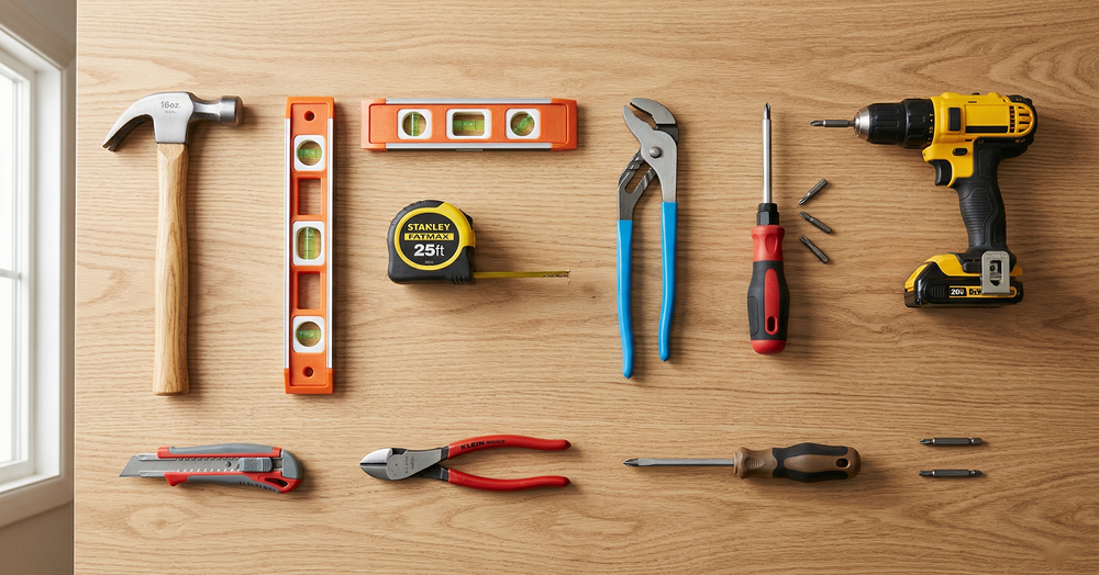 A compact home toolbox open to reveal neatly organized tools with a pegboard in the background holding additional hand tools
