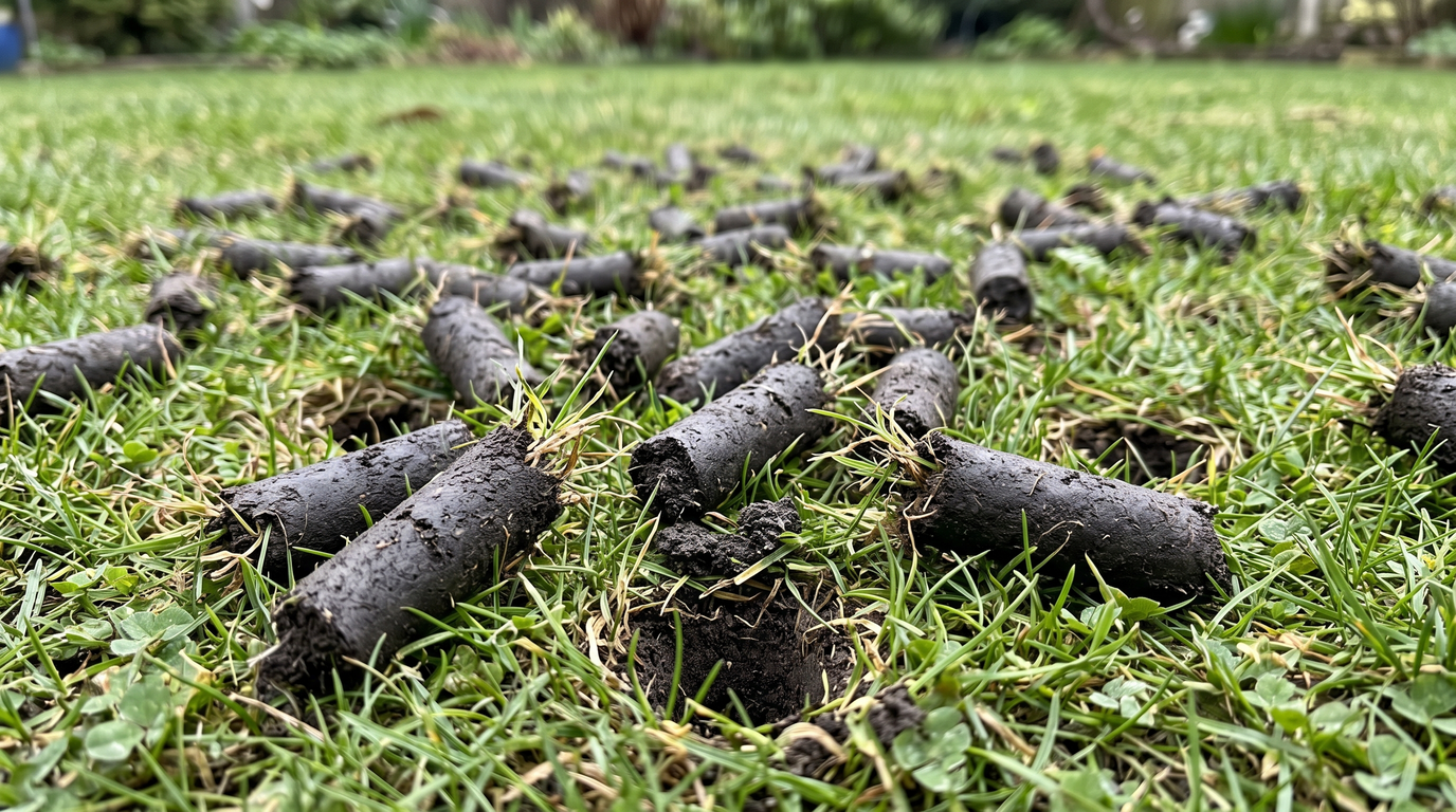 Close-up of finger-sized soil plugs lying scattered across a lawn after core aeration