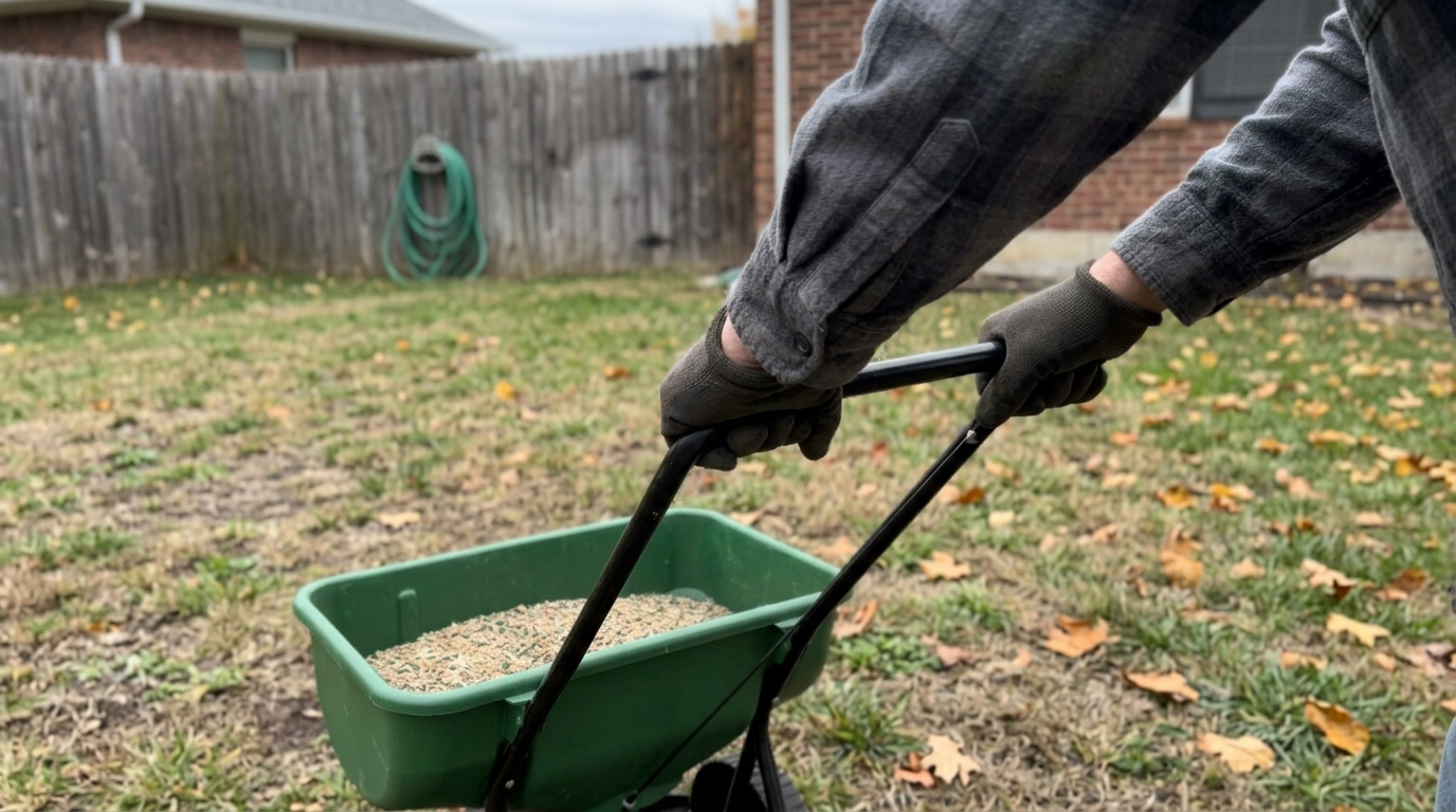 A hand-pushed broadcast spreader laying seed across a thin green lawn scattered with a few early fallen leaves