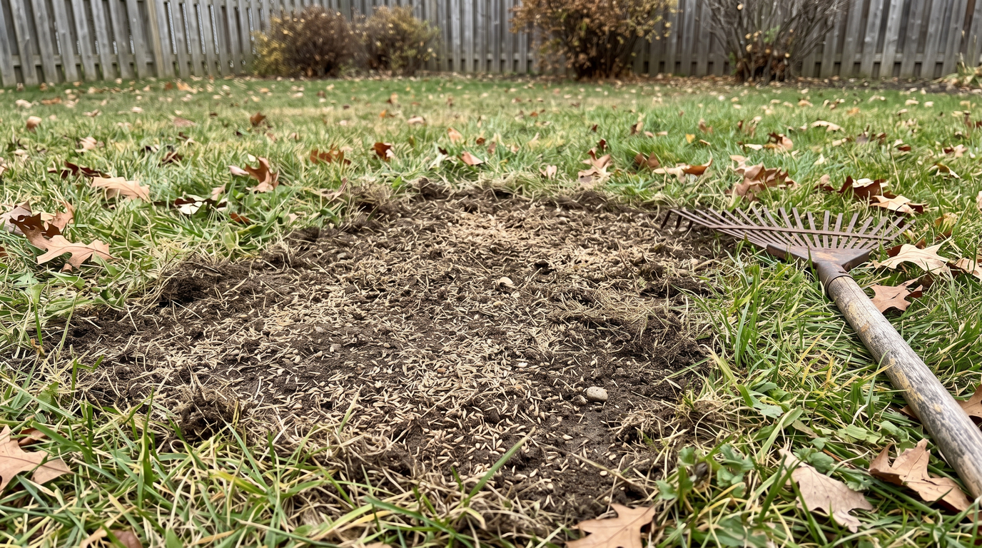 A thin patch of lawn raked open to bare soil for overseeding, a leaf rake resting at the edge of frame