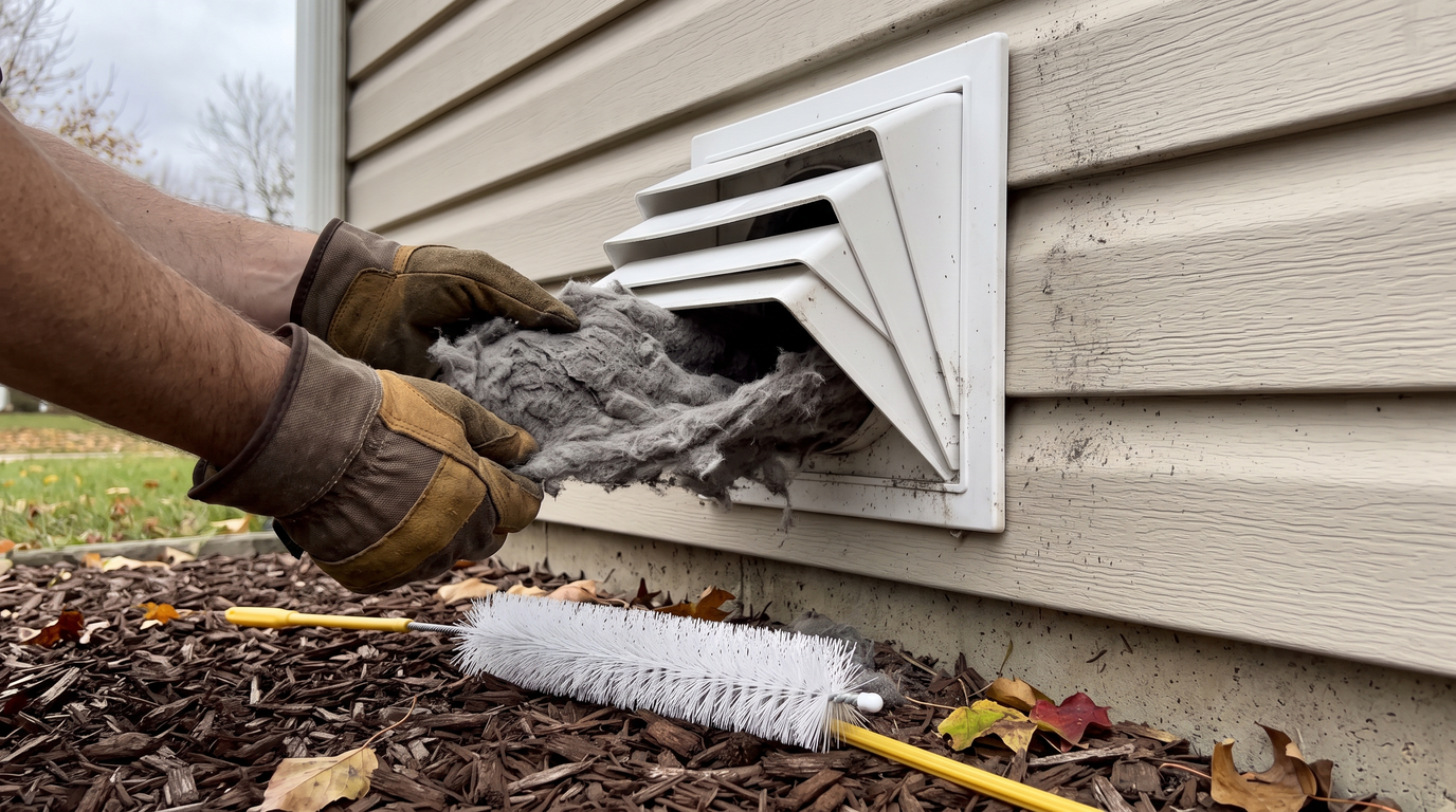 Gloved hands pulling a thick mat of gray lint out of an exterior dryer vent hood on vinyl siding, a flexible vent-cleaning brush resting on the mulch below
