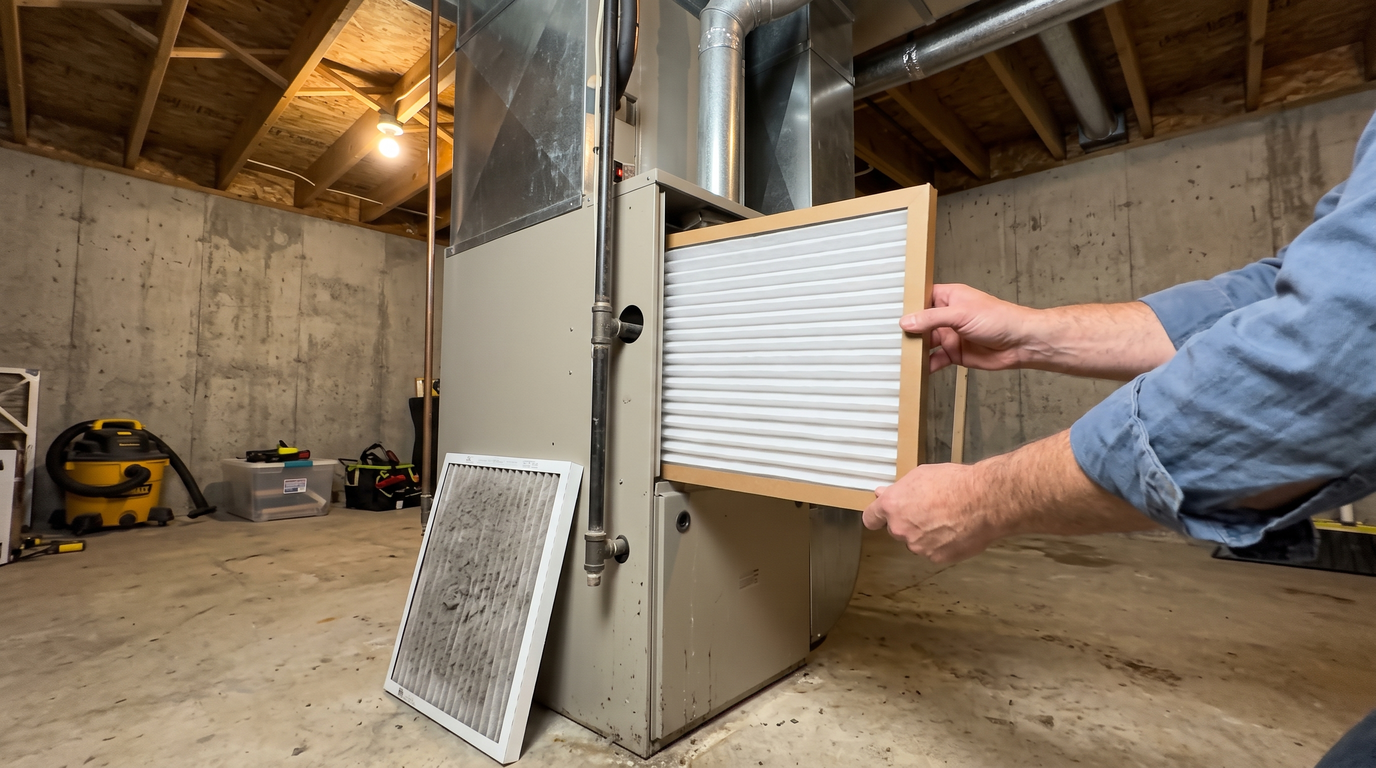 Hands sliding a clean white pleated air filter into the filter slot of a gas furnace in an unfinished basement, the old gray dust-covered filter leaning against the furnace