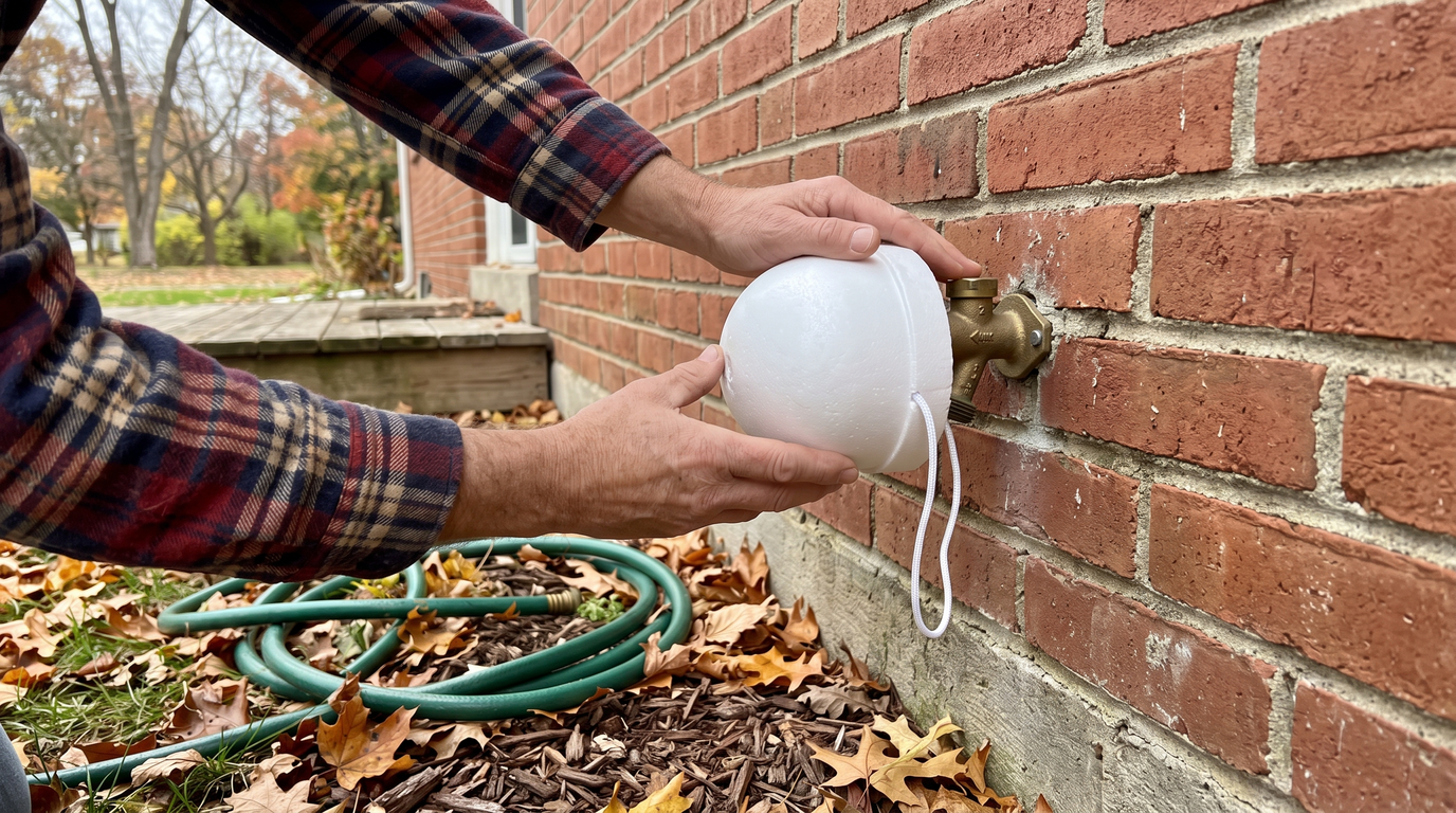 Hands fitting an insulated foam cover over an outdoor faucet on a brick wall, a coiled garden hose and fallen leaves on the ground below