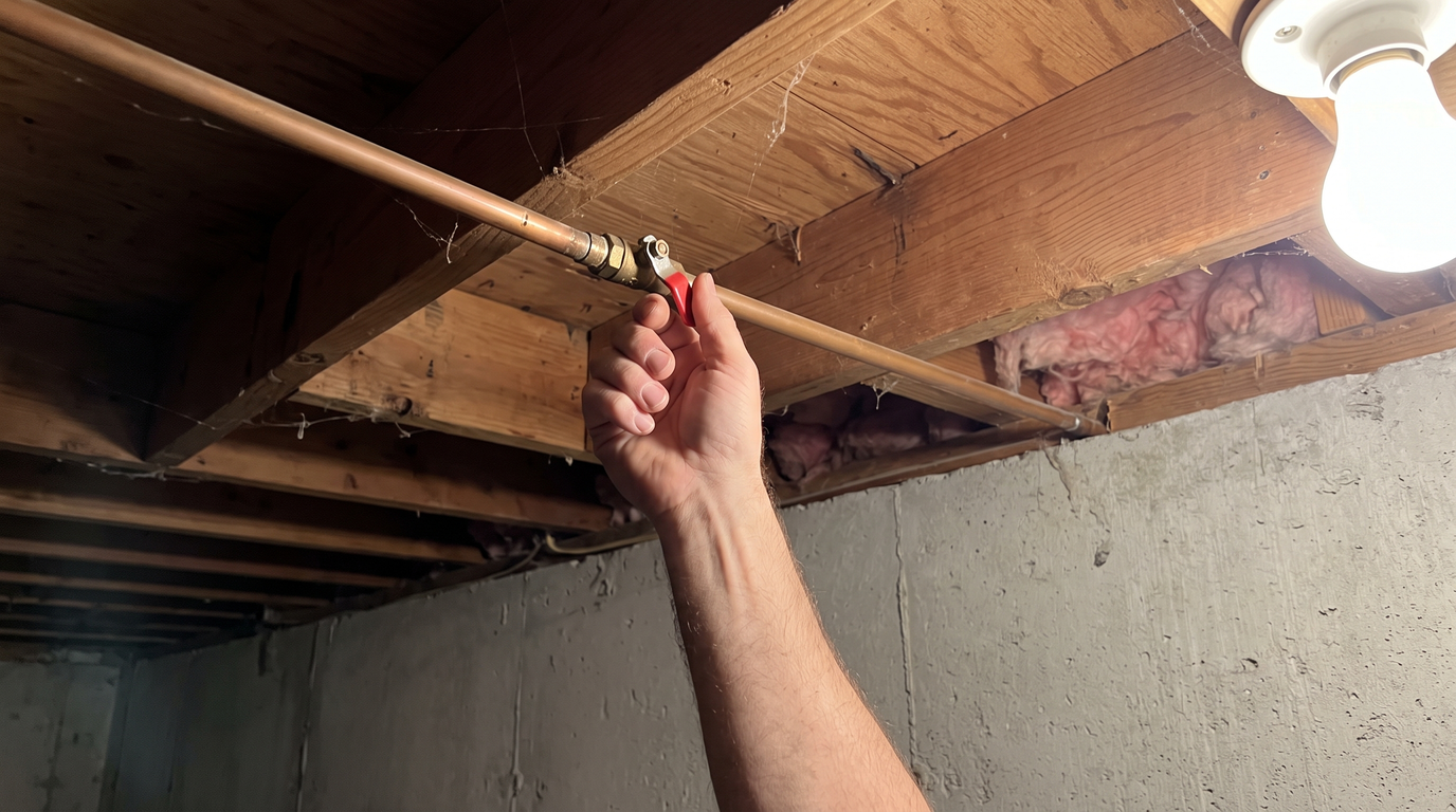 A hand turning a small red-handled shutoff valve on a copper water line running along the joists of an unfinished basement ceiling