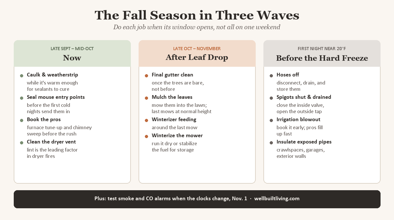 Reference card showing the fall maintenance season in three waves: seal the envelope and book the pros now, clean the gutters and service the yard after leaf drop, then shut off the spigots and blow out irrigation before the first hard freeze