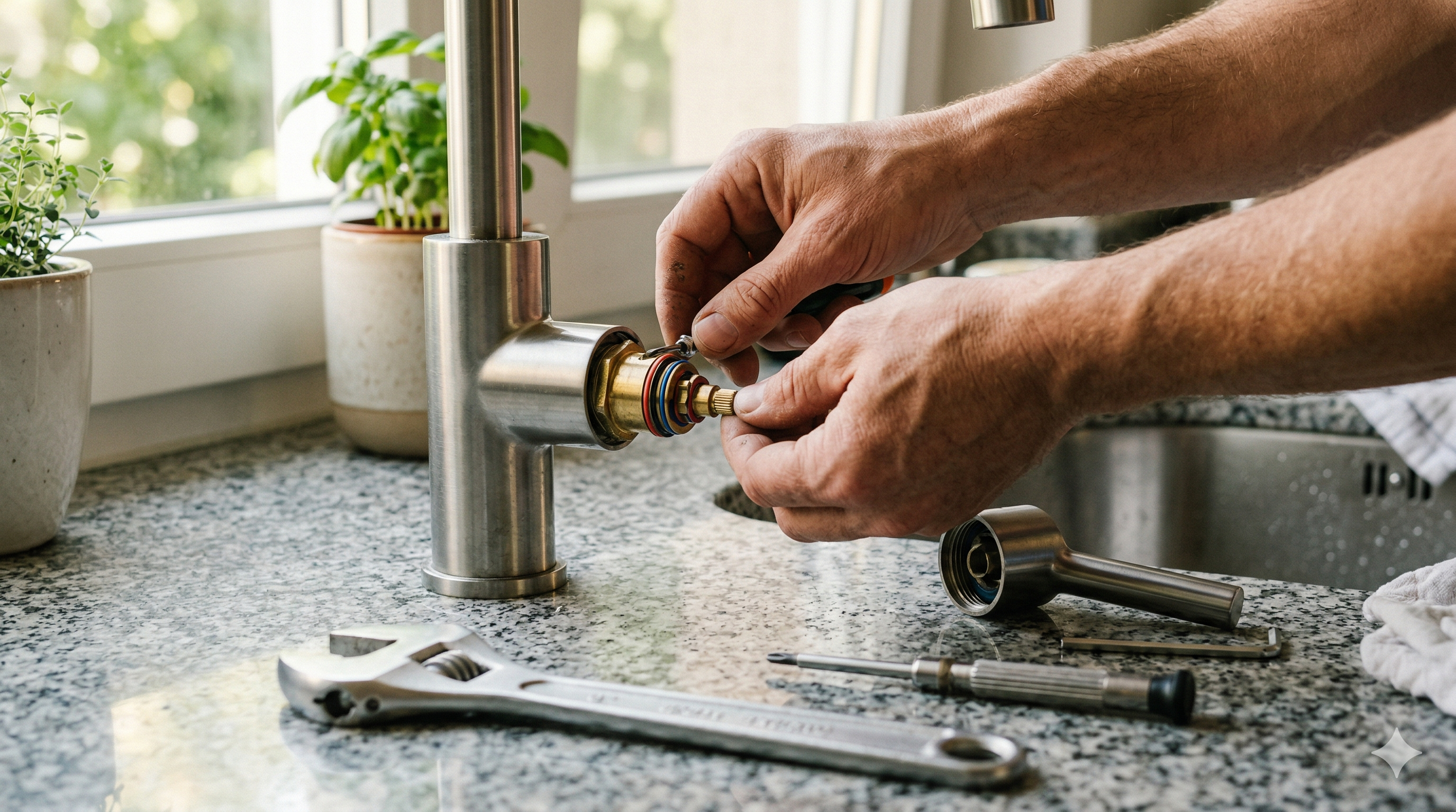Close-up of hands disassembling a kitchen faucet with the handle removed, revealing the cartridge and internal parts