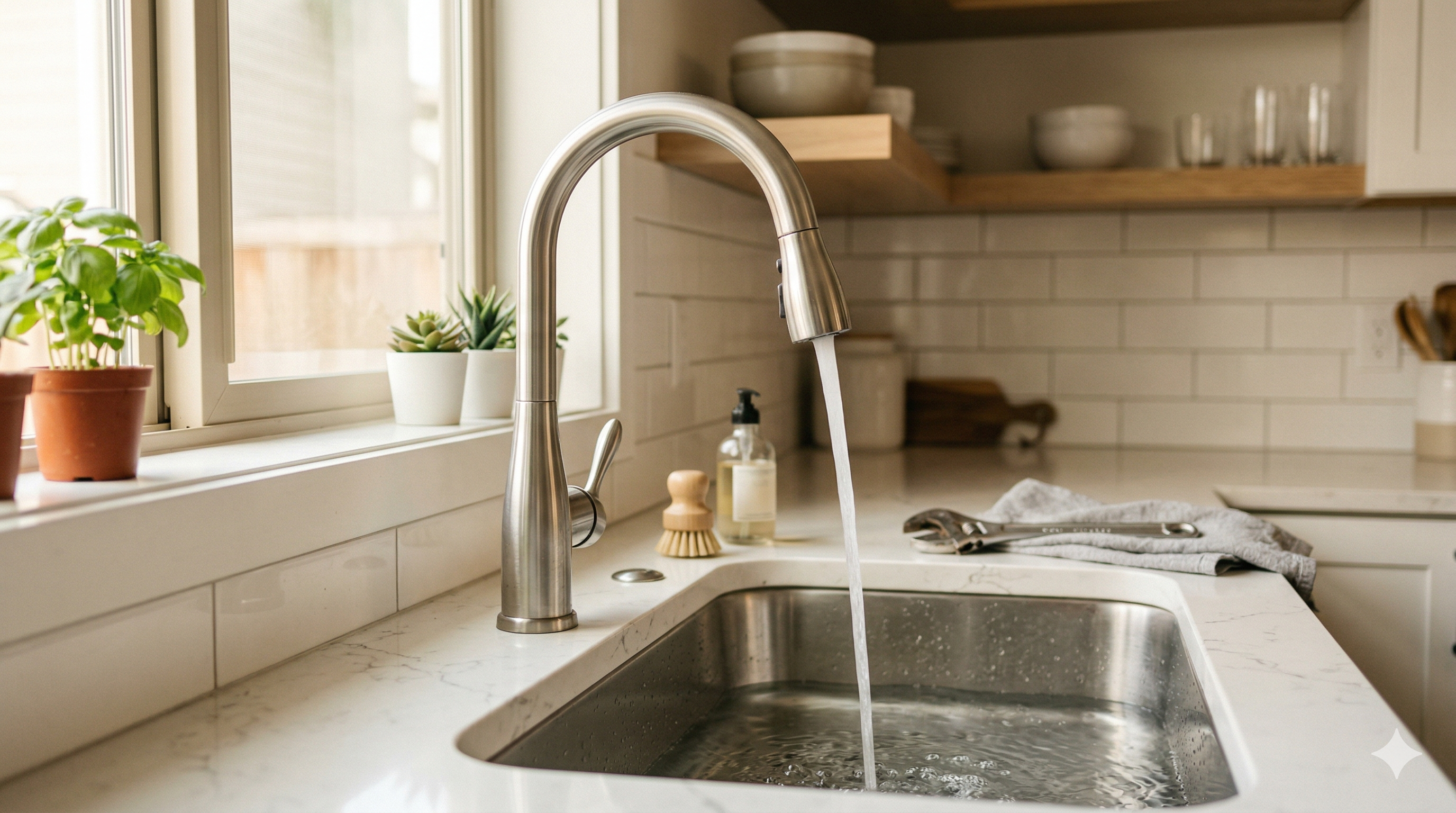 Clean modern kitchen faucet running a smooth stream of water into a stainless steel sink after a successful repair