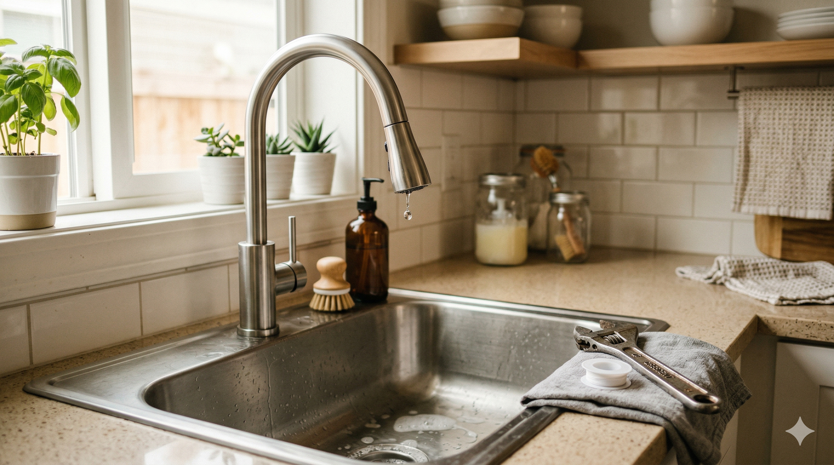 Kitchen faucet with tools on the countertop ready for a DIY faucet repair