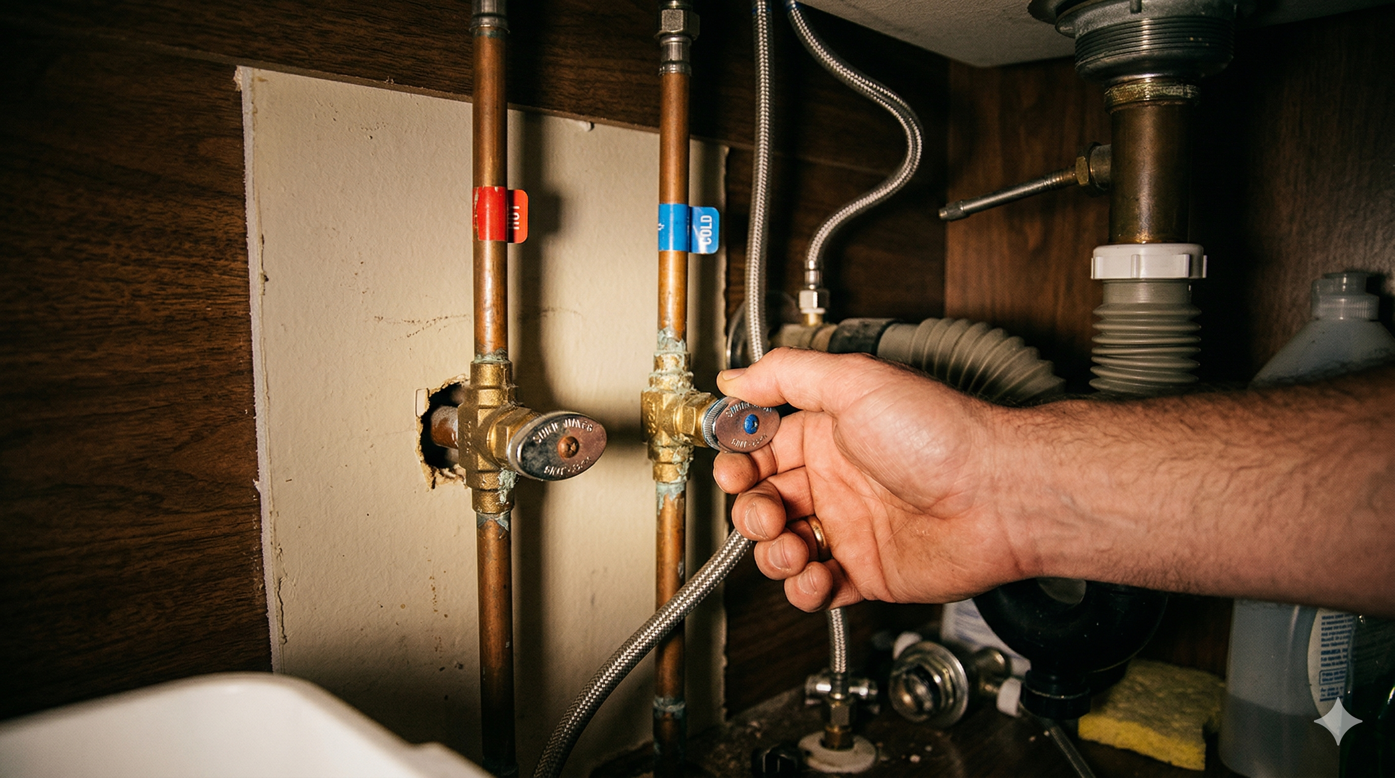 Hand reaching under a sink cabinet to turn off the water shut-off valve on the supply line