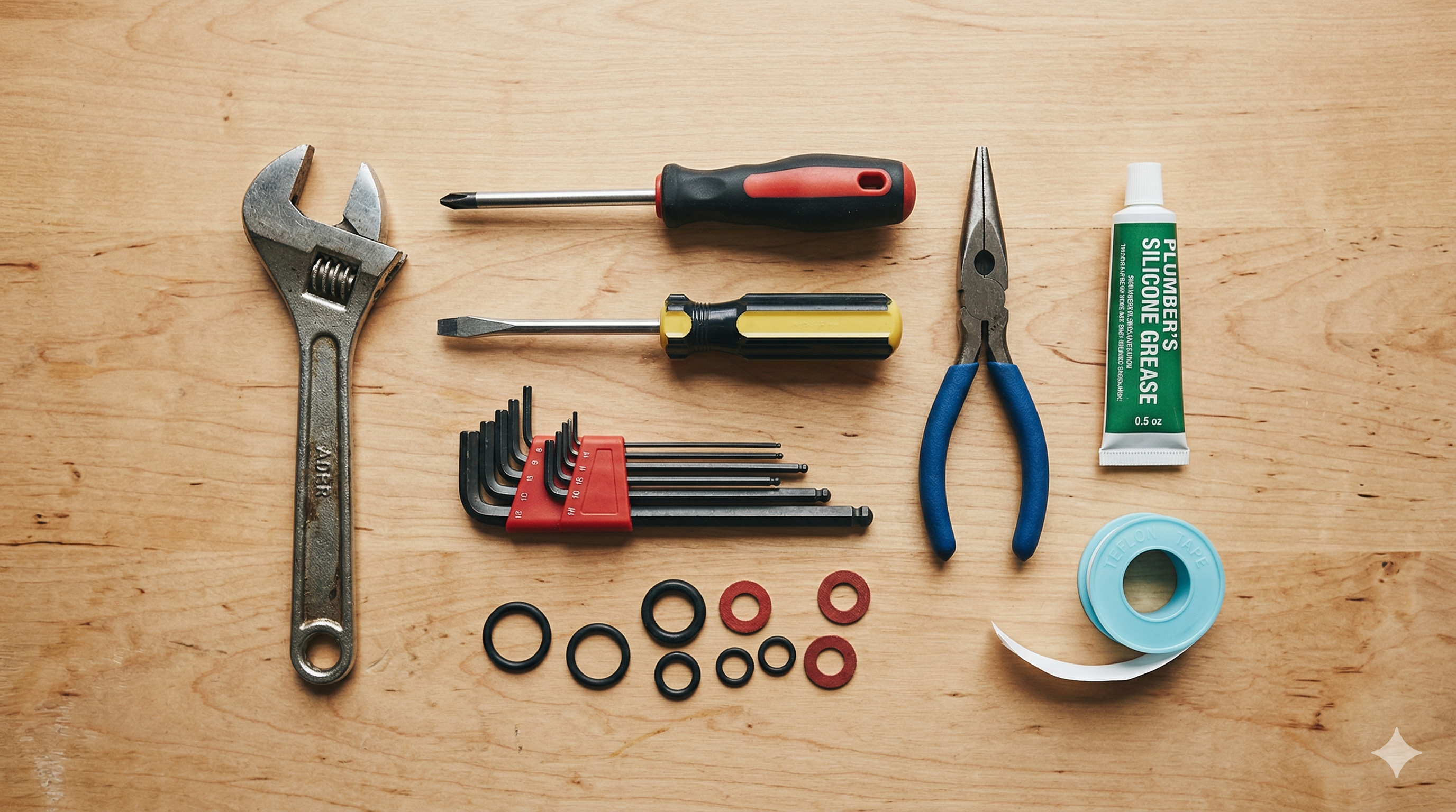 Plumbing repair tools laid out on a wooden surface including adjustable wrench, screwdrivers, Allen wrenches, pliers, and plumber's tape