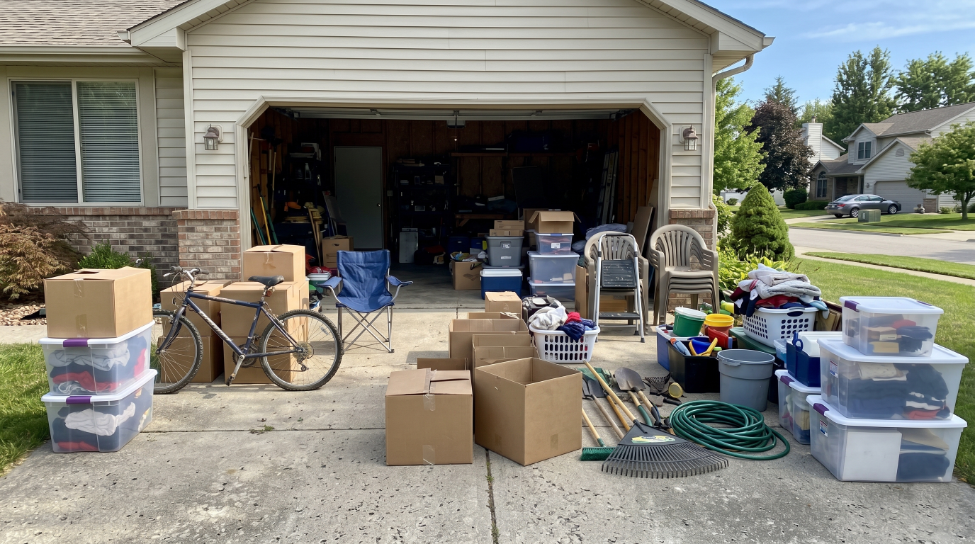 A garage being emptied with boxes, bins, lawn tools, and sports gear spread out across the driveway on a sunny morning