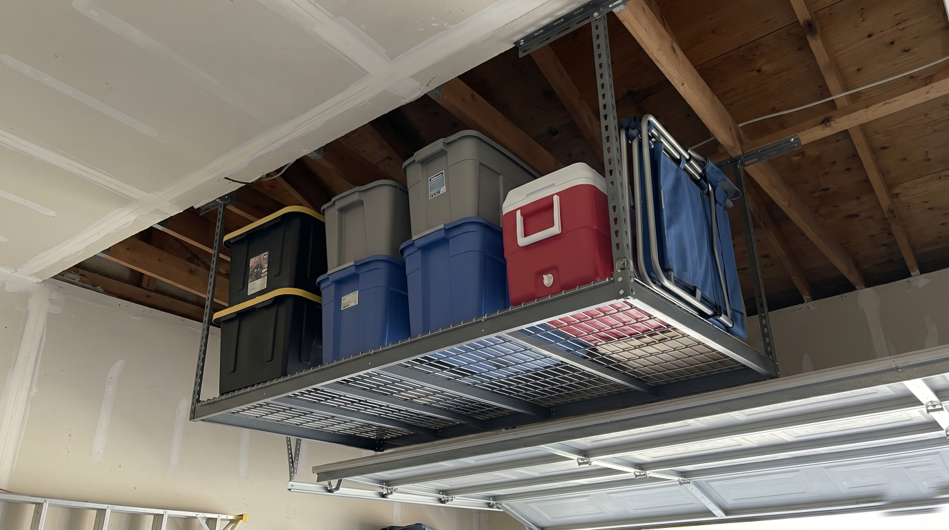 An overhead ceiling-mounted storage rack in a garage holding clear plastic totes of holiday decorations and seasonal gear above the parking area