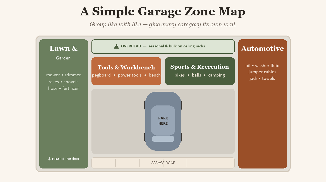A simple top-down diagram of a garage divided into labeled zones: lawn and garden, hand tools and workbench, sports and recreation, automotive, and overhead seasonal storage