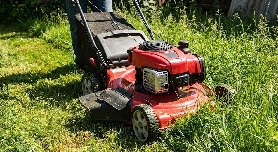 Red gas-powered lawn mower cutting through tall overgrown grass