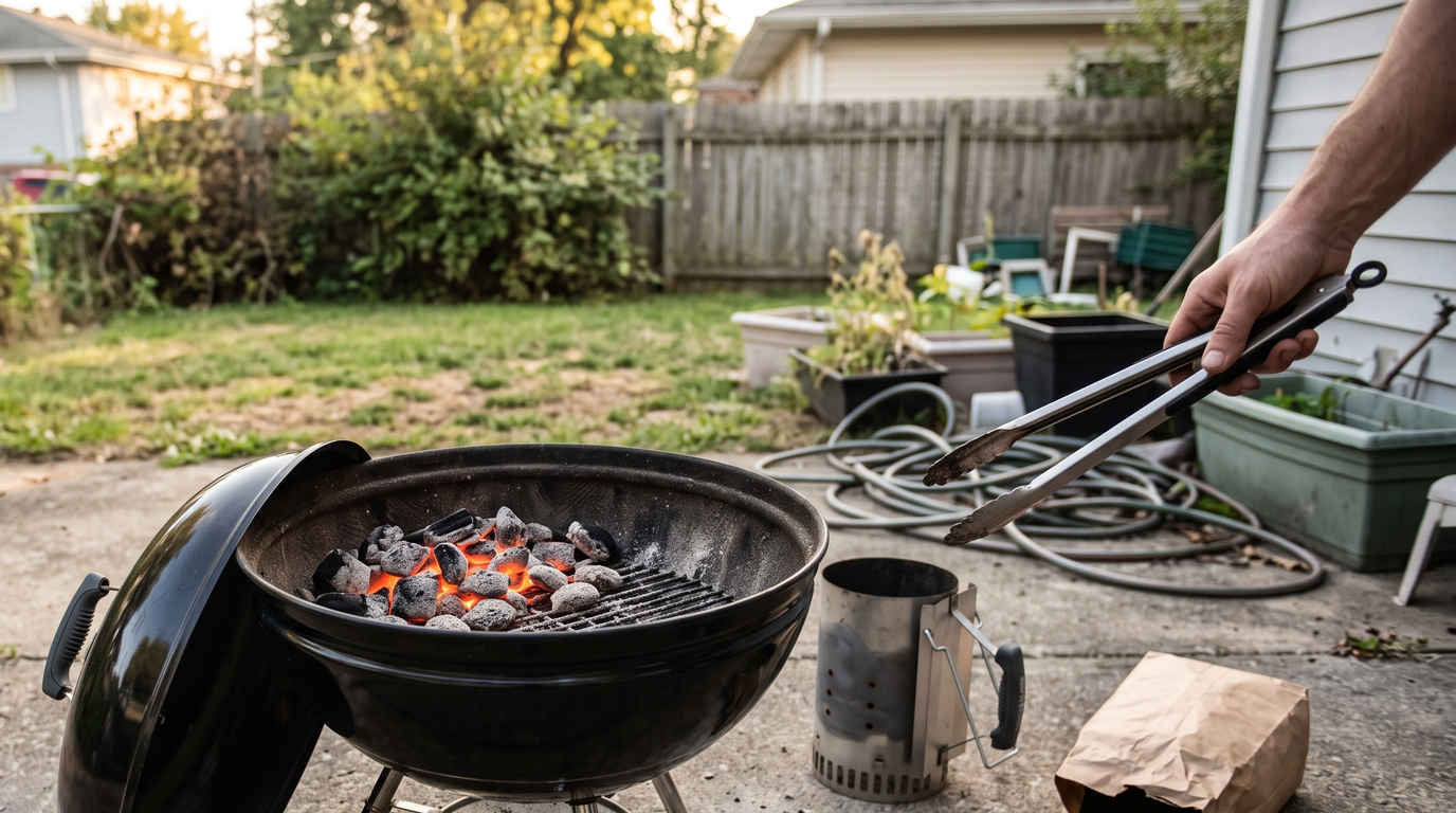A black charcoal kettle grill on a patio with glowing coals and a chimney starter beside it