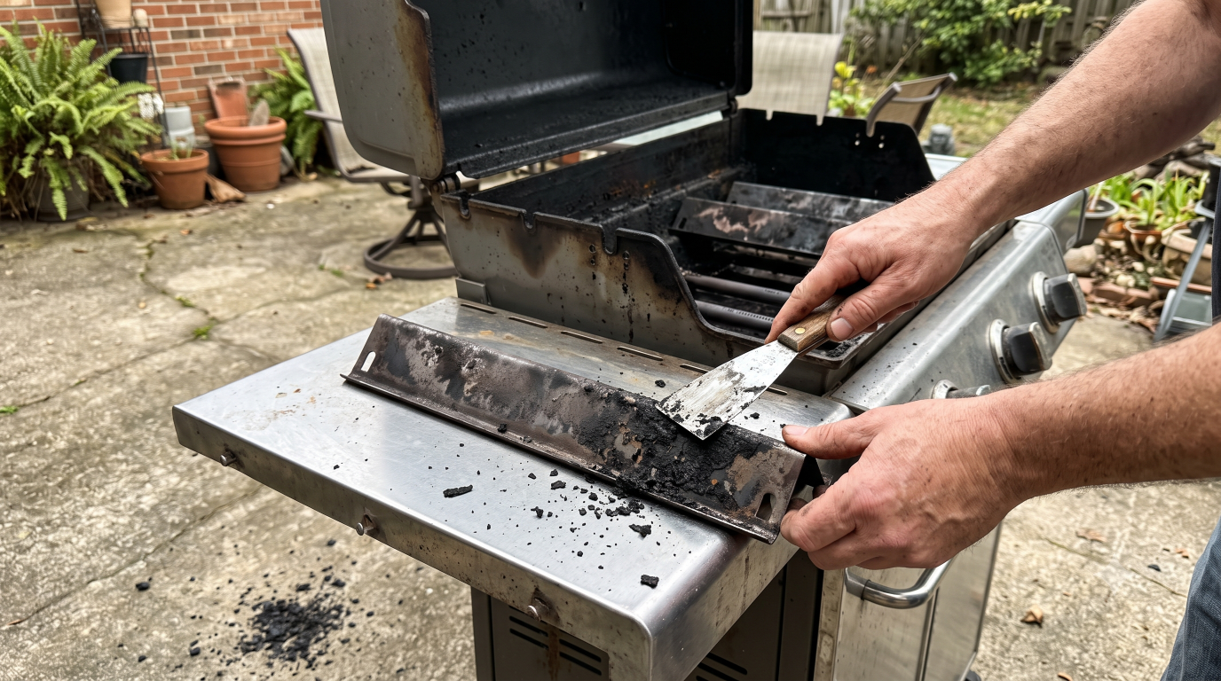 A hand scraping burnt carbon off a metal flavorizer bar with a putty knife on the grill's side shelf, the open firebox behind