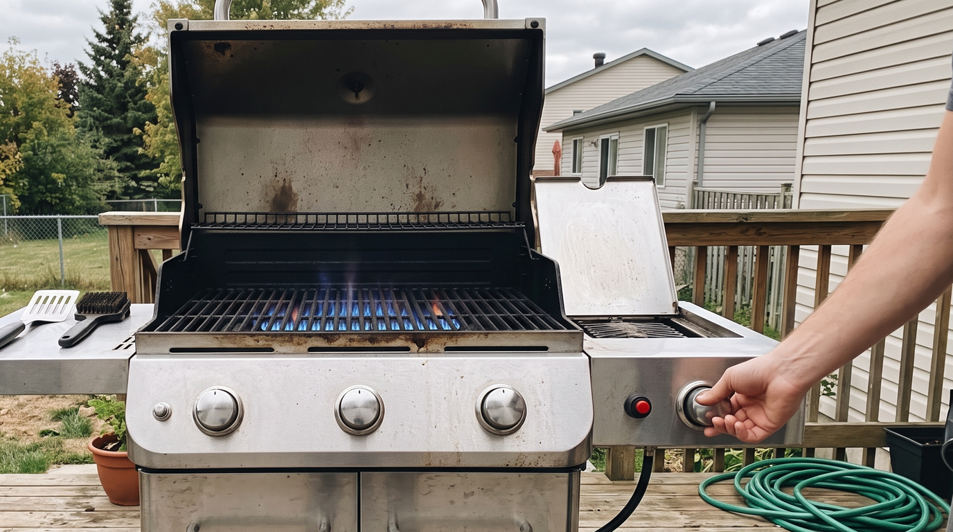 A stainless steel three-burner propane gas grill on a wooden deck with the lid open and burners lit