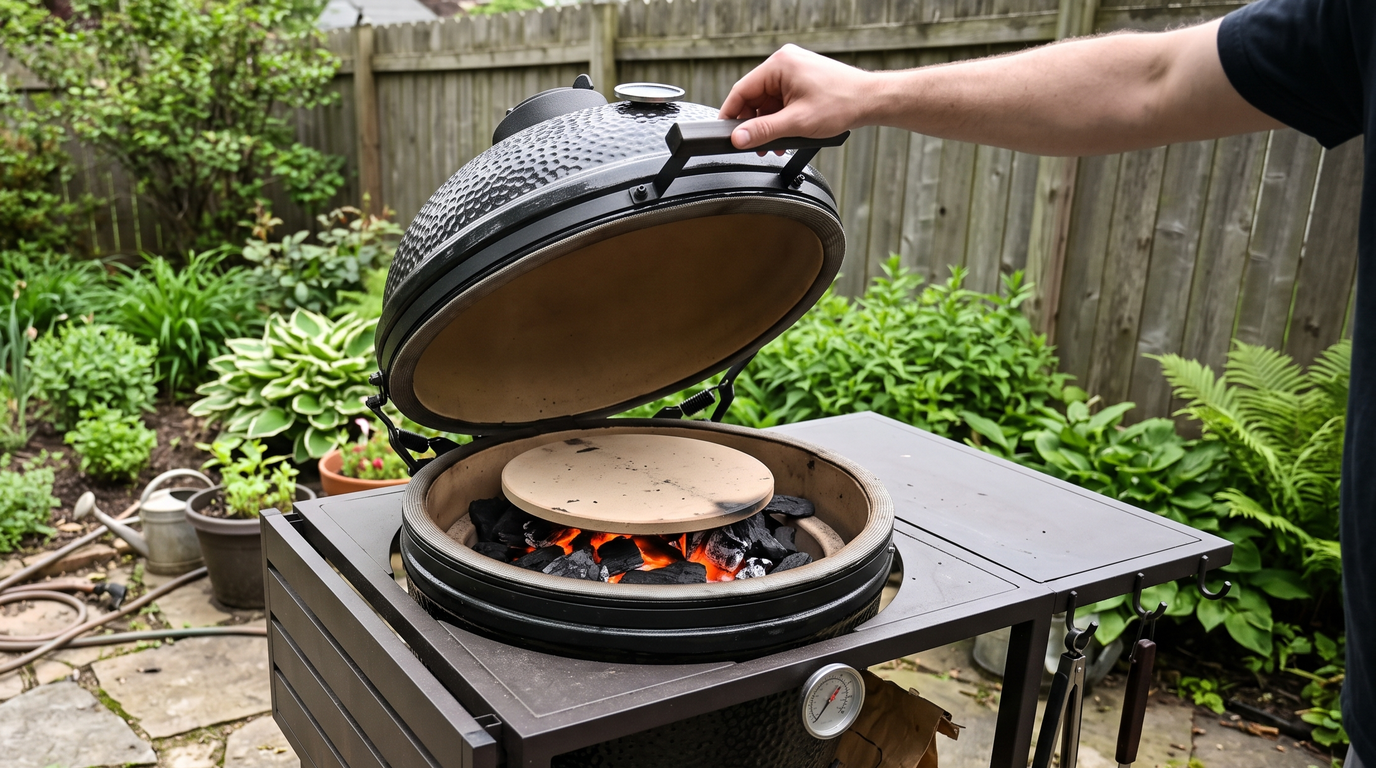 An egg-shaped ceramic kamado grill in a metal cart on a stone patio with the lid raised