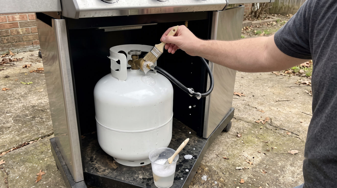 A hand brushing soapy water onto the regulator and hose connection of a propane tank to check for leaks
