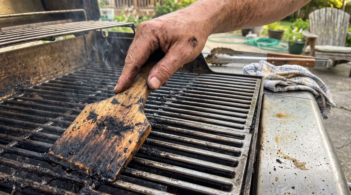 A hand scraping the hot grates of a gas grill with a grill brush on a backyard patio, light smoke rising