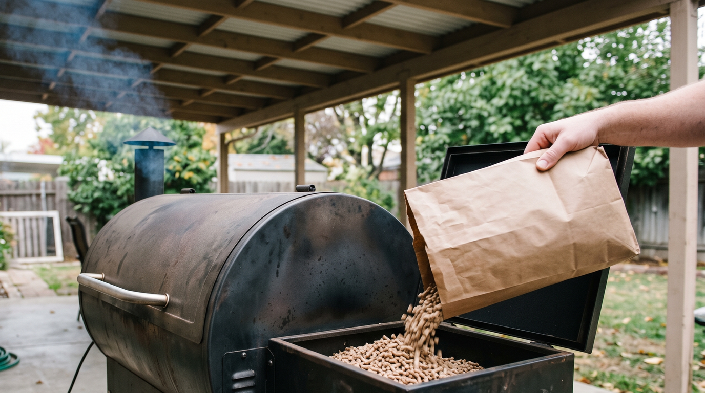 A barrel-shaped pellet grill on a covered patio with the hopper open showing hardwood pellets