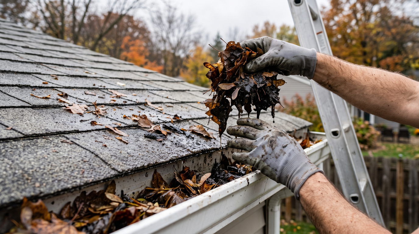 Gloved hands lifting a wet clump of leaves out of a gutter, a ladder rail visible at the edge of the frame