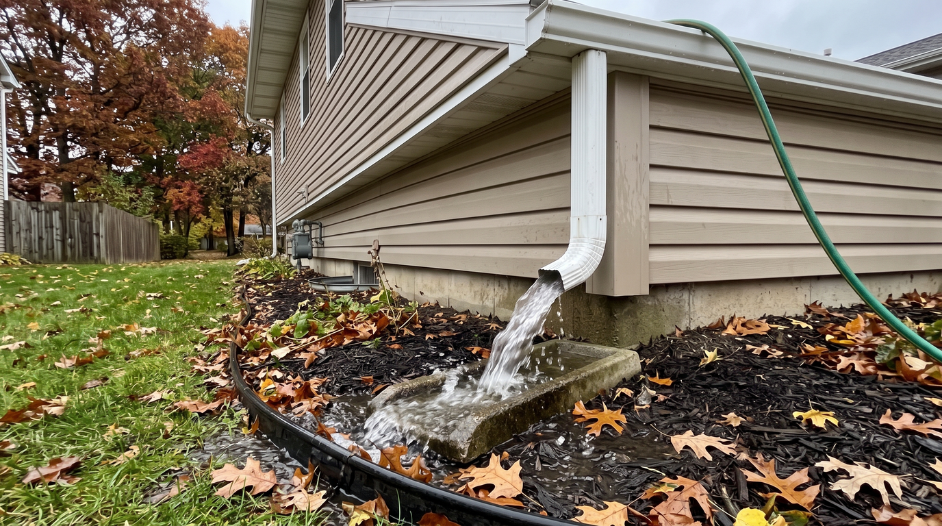 A garden hose running into a gutter with water discharging from the bottom of a downspout onto a splash block