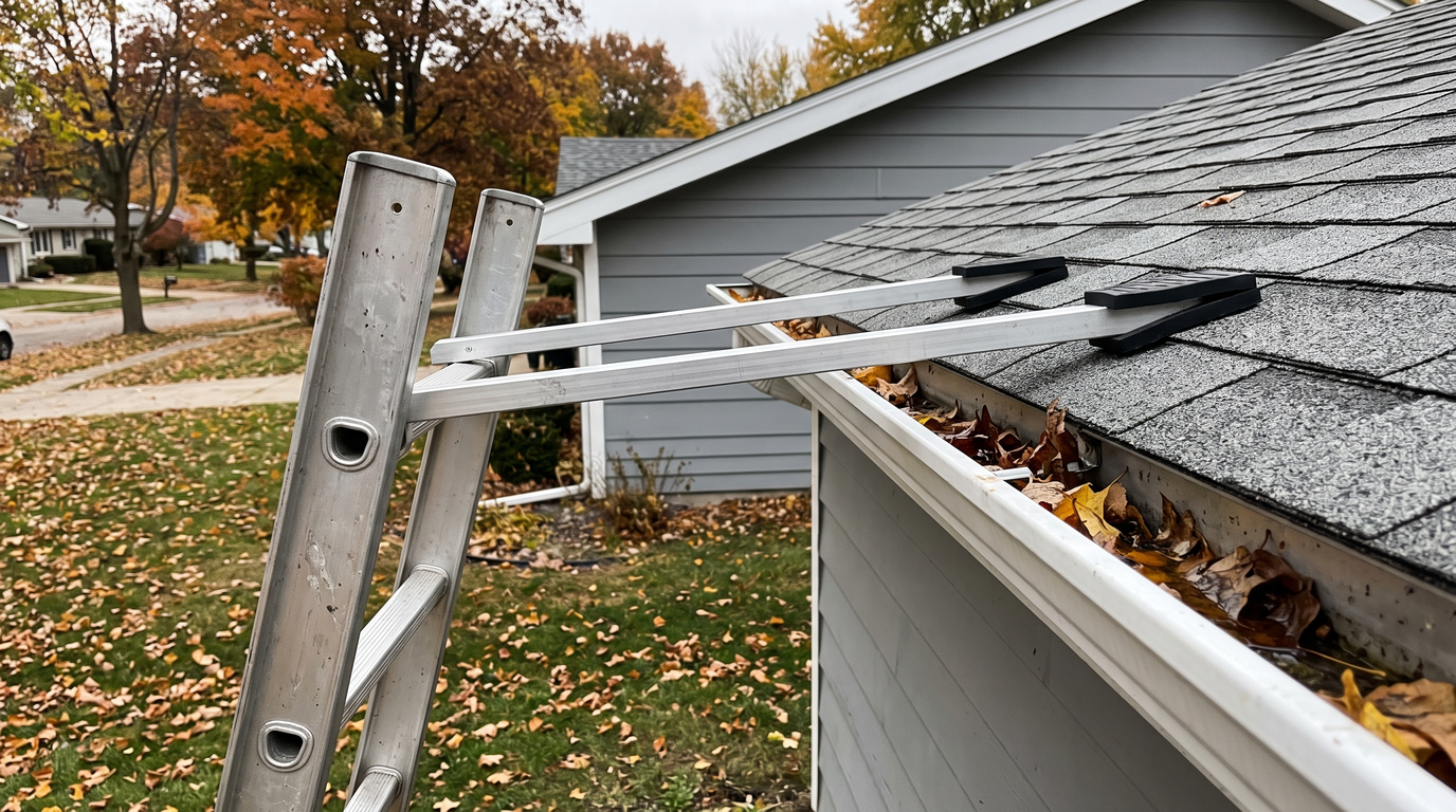 An extension ladder fitted with a standoff stabilizer whose arms reach over the gutter and rest on the roof shingles, holding the ladder rails clear of the gutter